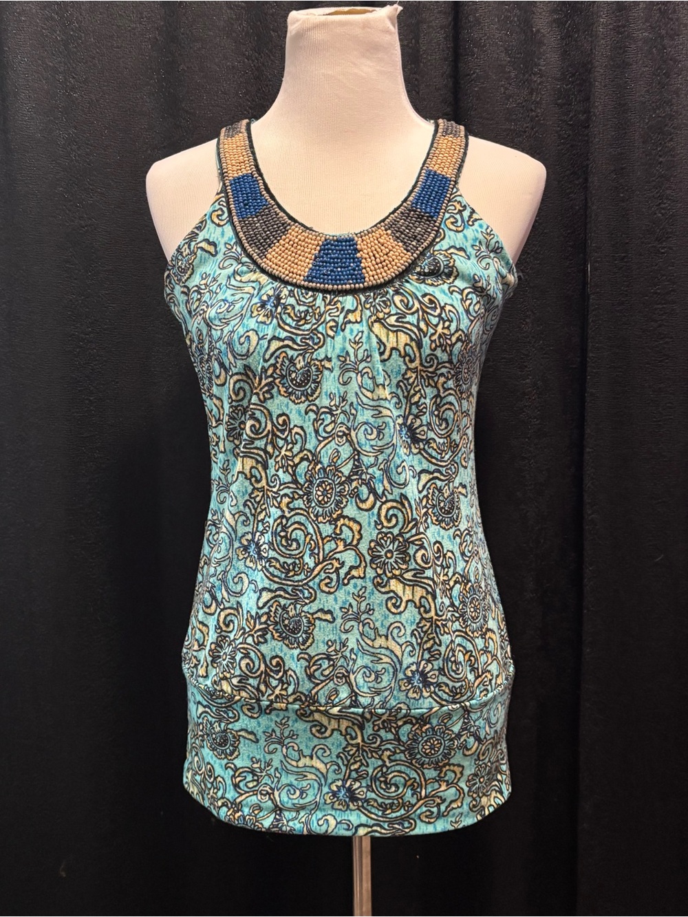 Vanity Turquoise Paisley Beaded-Neck Tank